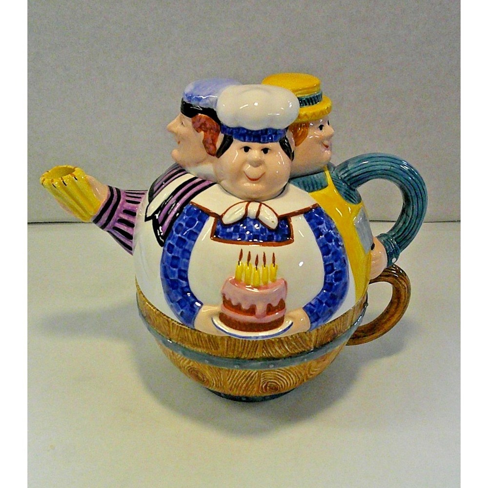 Vintag Department 56 Three Men in a Tub Teapot and Cup Set Ceramic Hand Painted‎